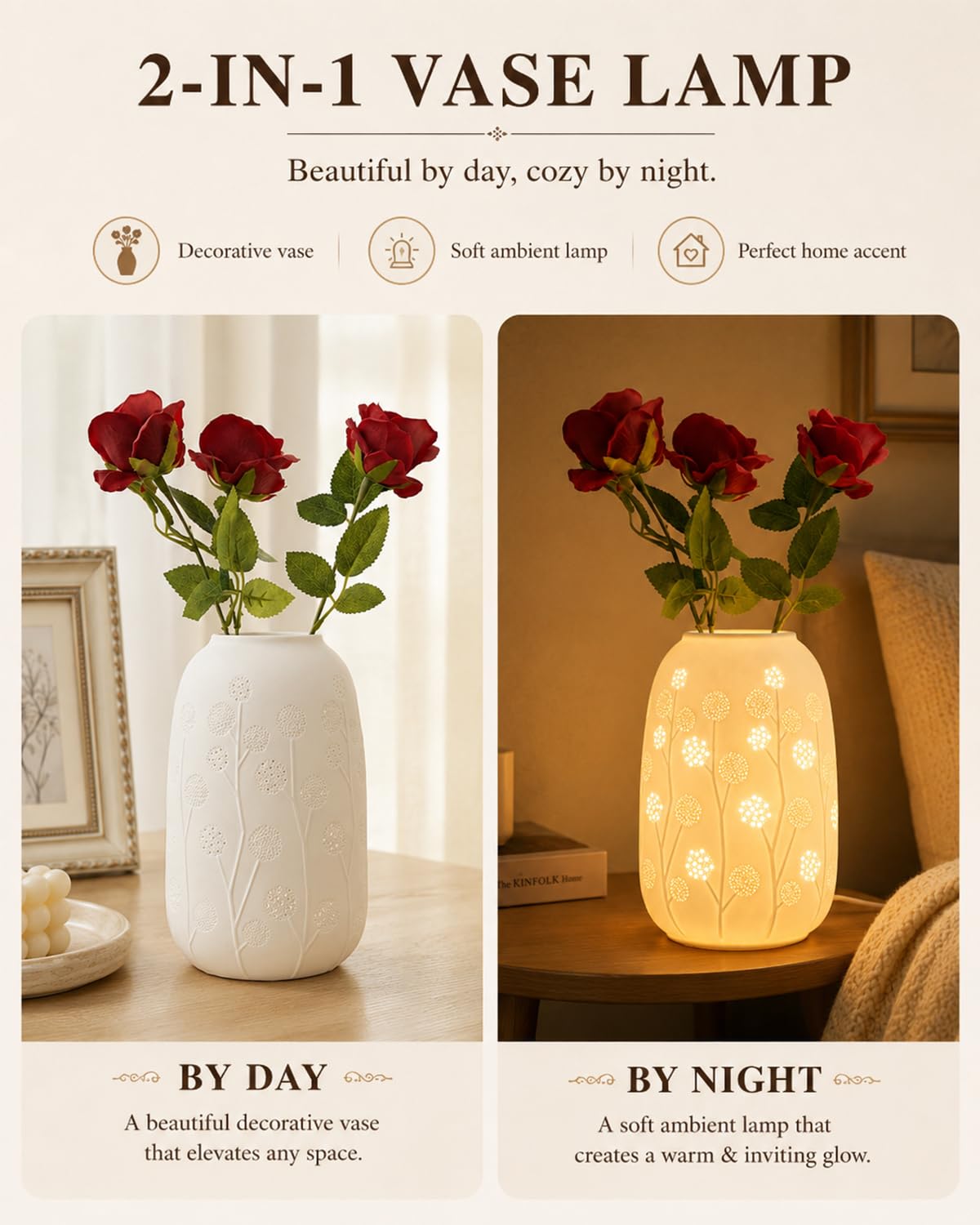 TACAHE Ceramic Vase Table Lamp, 2700K Bulb & 3 Artificial Flowers Included, E12 Socket, Inline Switch, Handmade Openwork Craft, Ambient Light for Living Room Bedroom - Dandelion 9"