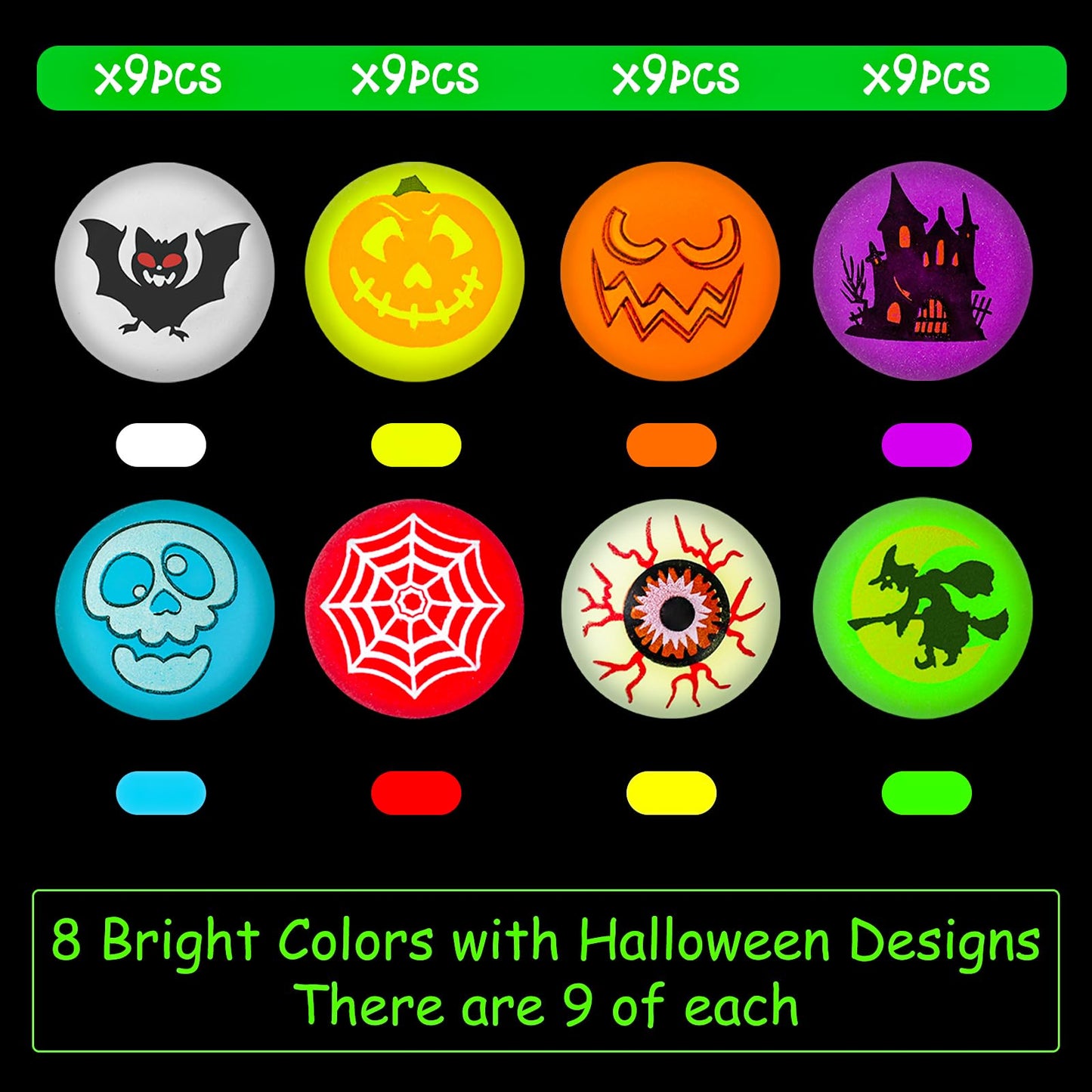 MGparty Halloween Toys Bulk 72 PCS Glow in The Dark Bouncy Balls 18 Designs Bouncing Balls Halloween Party Favors for Kids, Halloween Game Supplies, Trick or Treating Goodies
