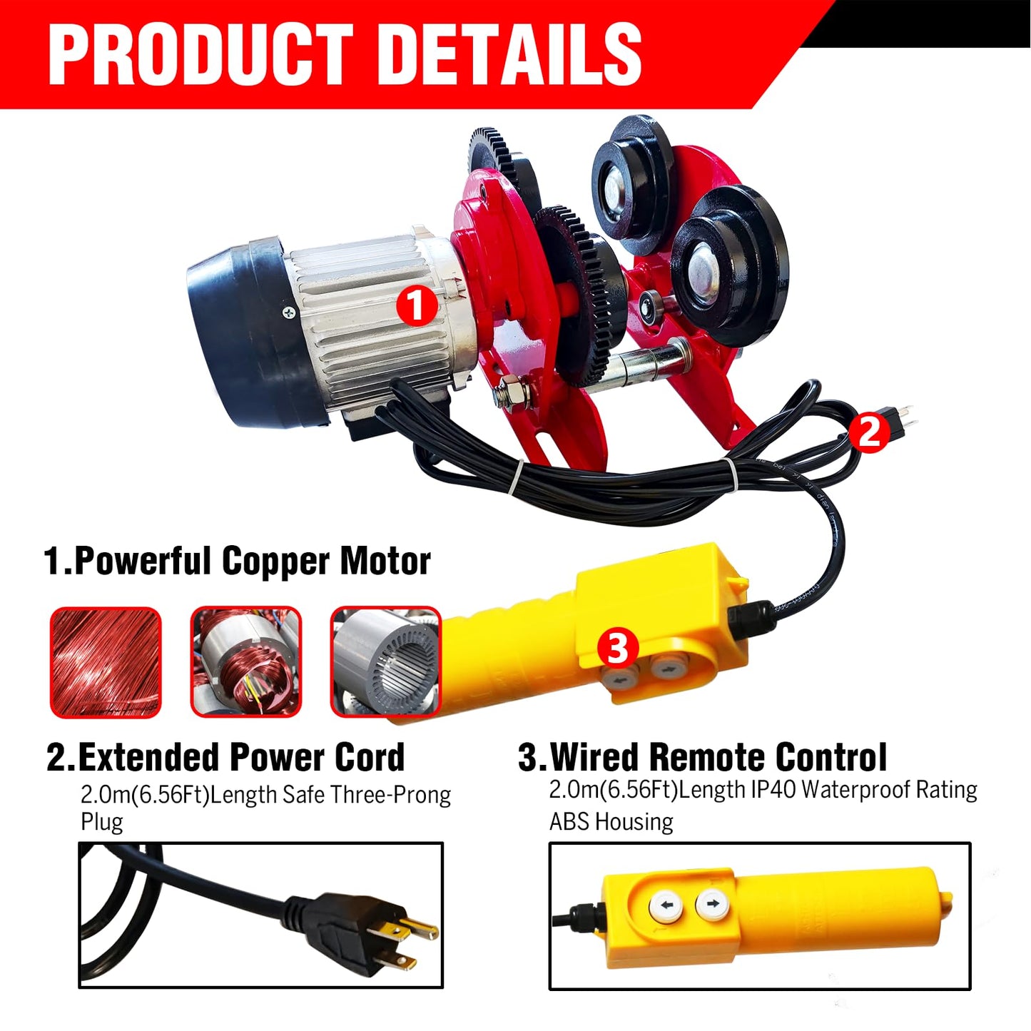 Electric Trolley for Power Hoist 2200LBS Capacity,Fit 2.68-4.33 in I-Beam,Push Geared Overhead Crane Heavy Duty Wheels System for PA200 to PA1000 Hoists,Perfect for Gantry Cranes,Warehouses
