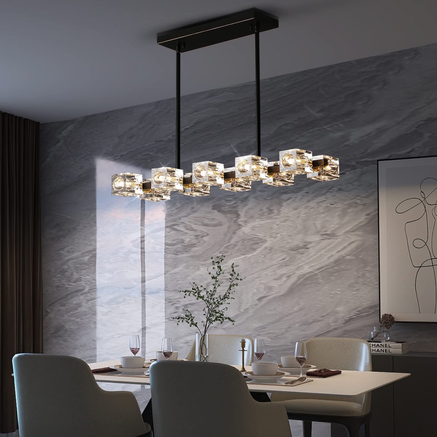 OKES Dining Room Light Fixture,Modern Crystal Chandeleirs Semi Flush Mount Ceiling Light Fixture,Black Metal Crystal Pendant Light for Kitchen Island Farmhouse Dining Room,Living Room (10-Lights)