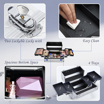 Professional Vanity Case Large Makeup Box Lockable Makeup Case Beauty Organiser Cosmetic Make Up Organiser Box 4 Trays with Keys