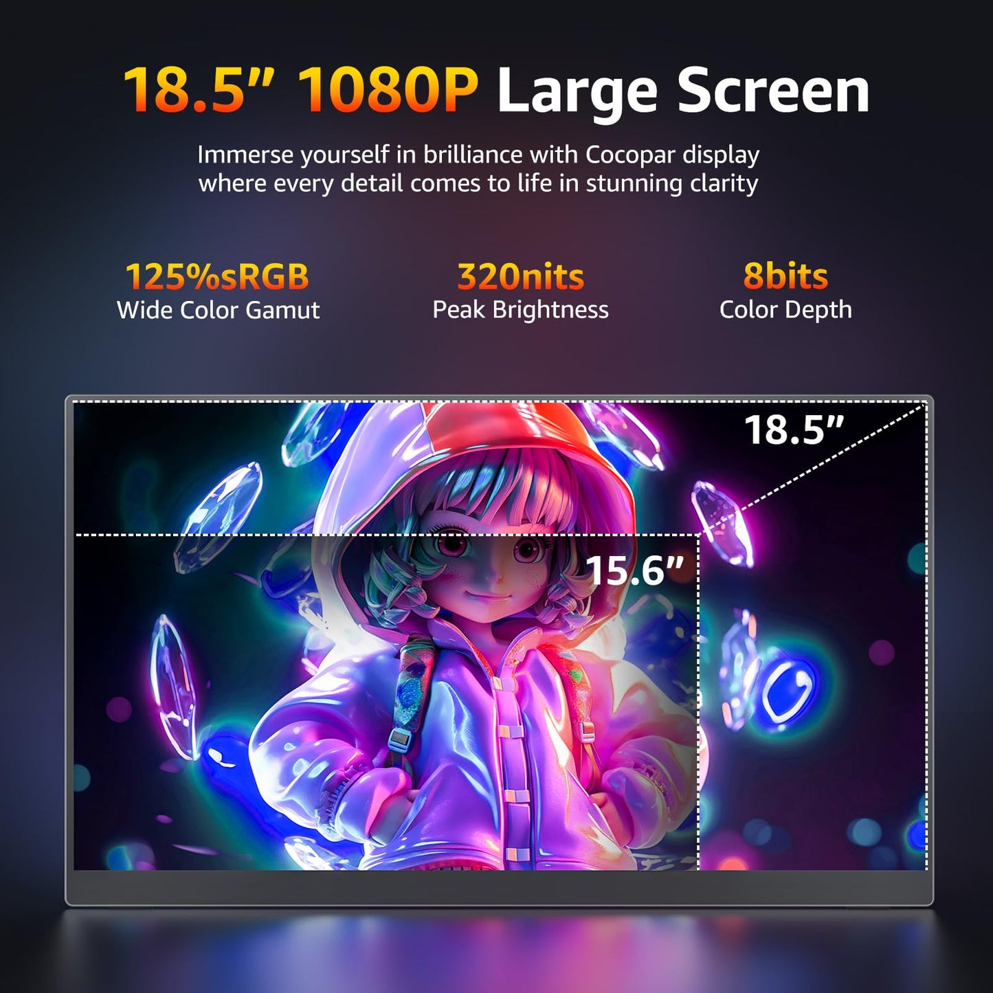 cocopar 18.5 inch portable monitor-1080P FHD IPS 100Hz 120% sRGB Gaming Monitor USB-C HDMI large Portable screen for Laptop MacBook Surface PC Xbox PS4/5 Travel Monitor with Kickstand VESA Speakers