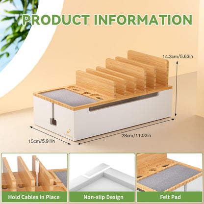 Pezin & Hulin Bamboo Cable Management Box, Wire Organizers for Cords, Charge Station Box, Desktop Dock Organizer Rack for Electronic Device (Include 6 Cables)(No Power Adapter) -Natural + White
