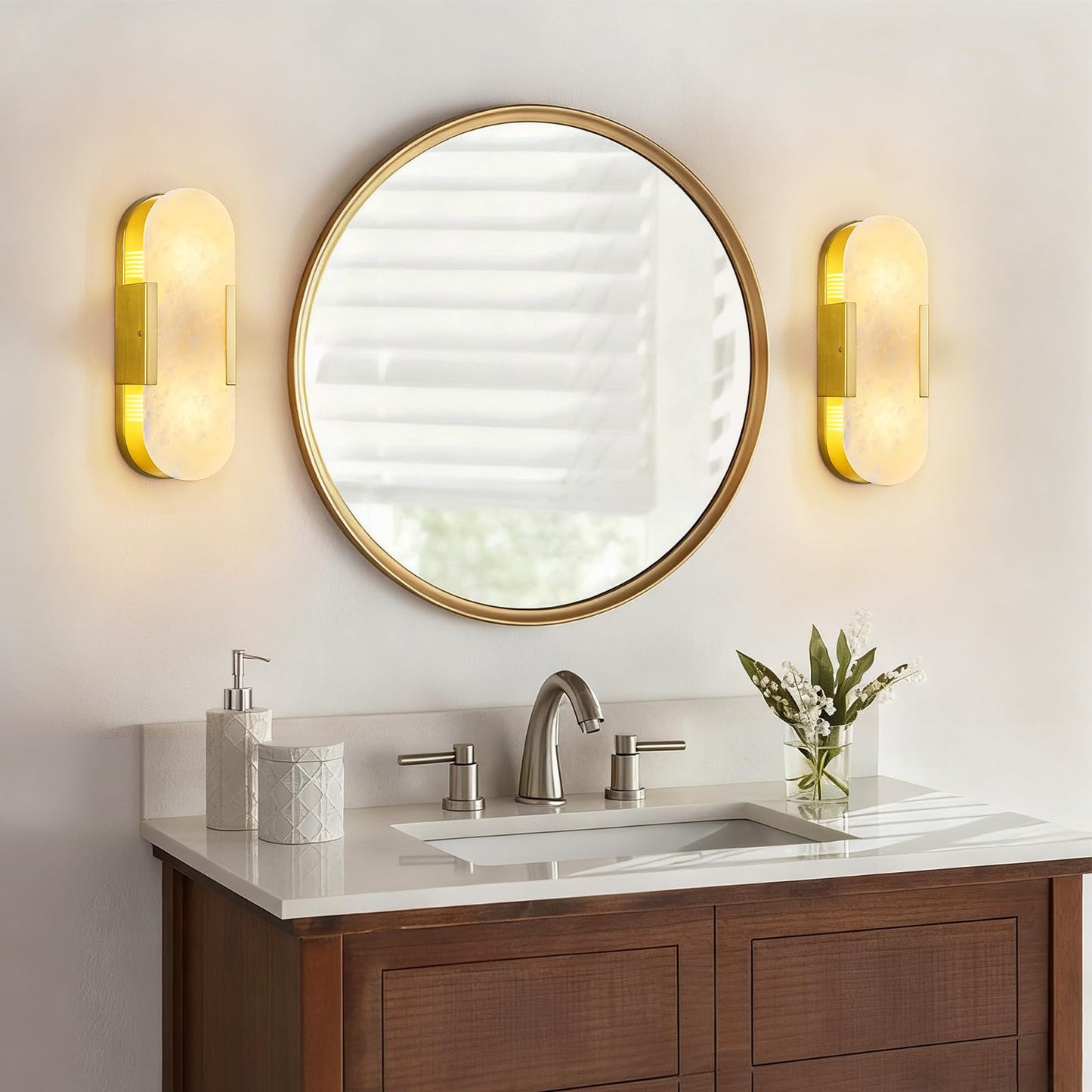 PNJXSRJH Natural Alabaster Wall Sconces, Modern Marble Gold Wall Sconce 14 inch Indoor Wall Lighting for Bedroom Bathroom Living Room Stairs (1-Pack)