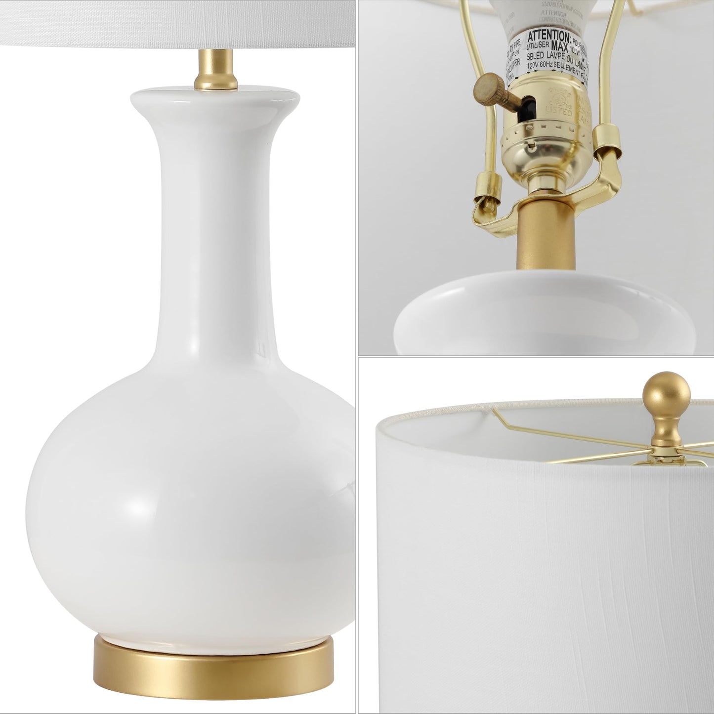 JONATHAN Y 27" White/Gold Ceramic Table Lamp for Living Room Bedroom, Modern Transitional Nightstand Lamp with White Linen Drum Shade, LED Bulb Included JYL6208A
