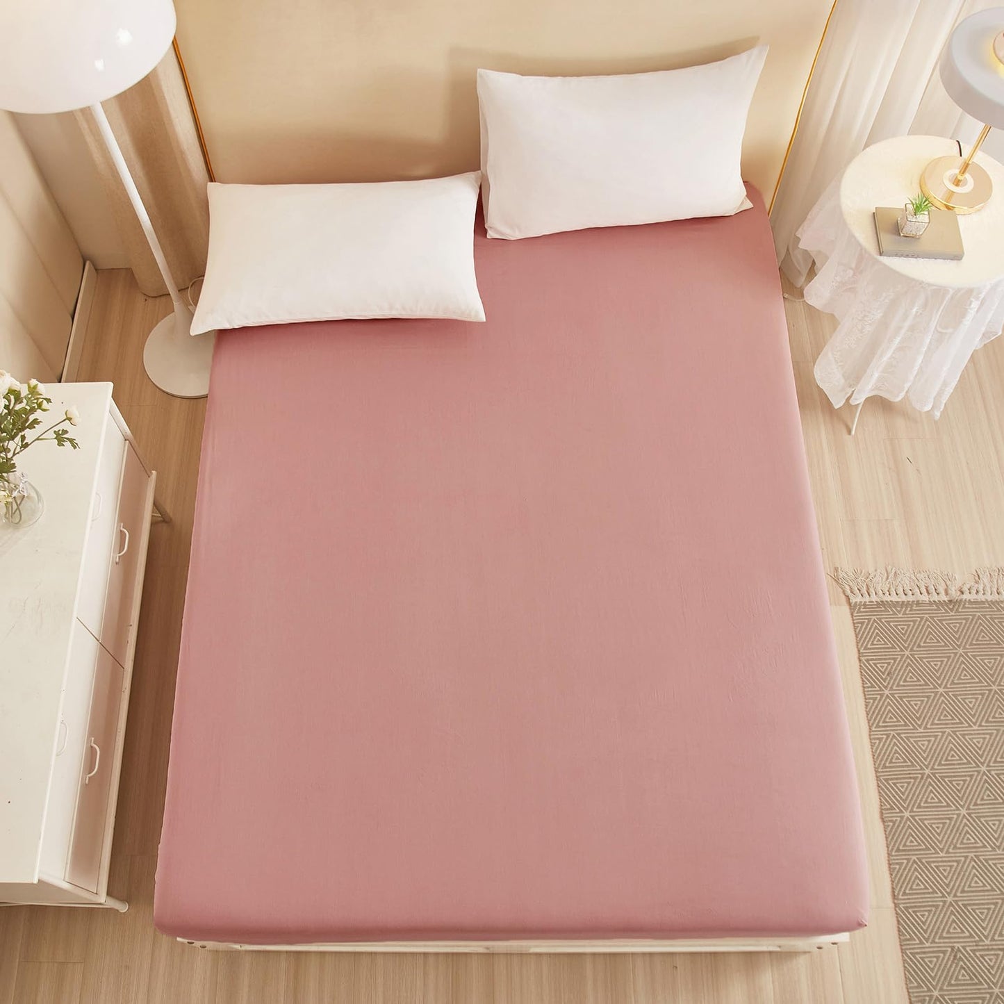 Blush Pink Cotton Fitted Sheet Queen Kids Girls Pink Bedding Sheet Cooling Bed Fitted Sheet with 15" Deep Pocket Breathable Mattress Cover Single Fitted Bottom Sheet Queen (NO Pillowcases)