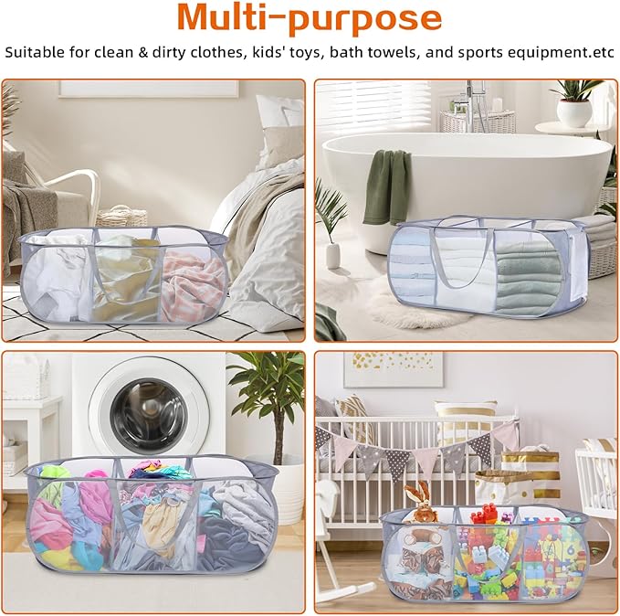 Durable Collapsible Foldable Pop Up Laundry Hamper, Sturdy 3 Compartments