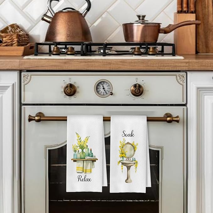 Farmhouse Yellow Botanical Bathroom Hand Towels, Relax Breathe Soak Unwind