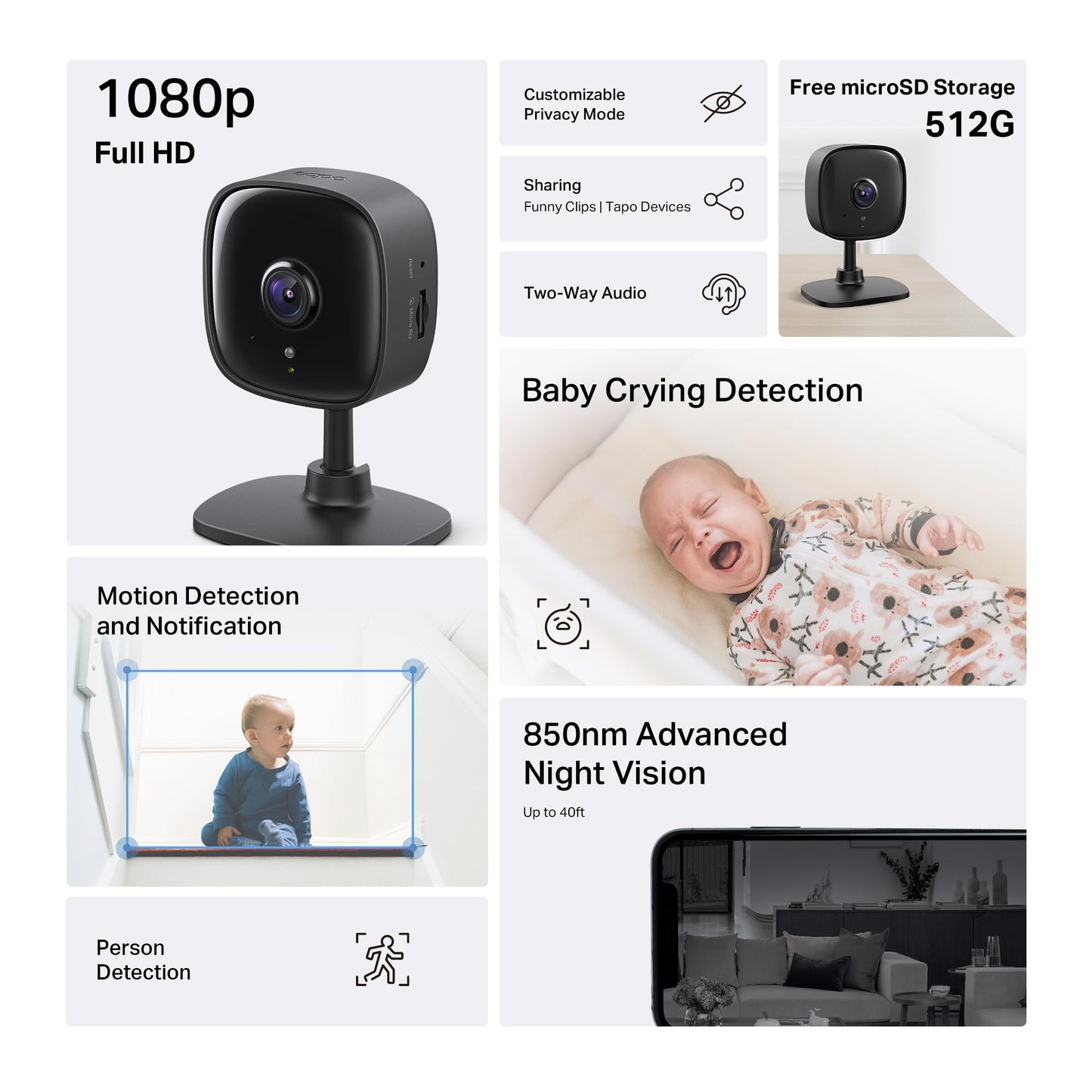 Tapo TP-Link 1080P Indoor Security Camera for Baby Monitor, Dog Camera w/Motion Detection, 2-Way Audio Siren, Night Vision, Cloud & SD Card Storage, Works w/Alexa & Google Home C100