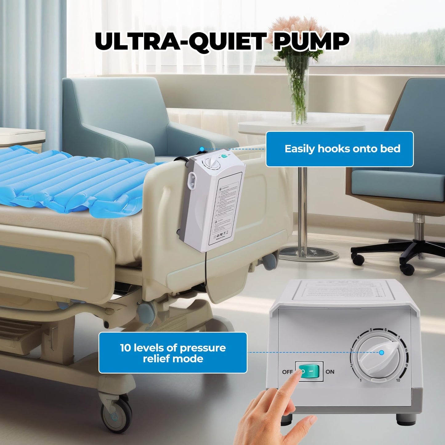 Careboda Alternating Air Pressure Mattress Pad, Hospital Bed Mattress Topper with Silent Pump, Bed Sore Prevention Solution, Waterproof Air Pressure Mattress for Bed Sores at Home/Hospital