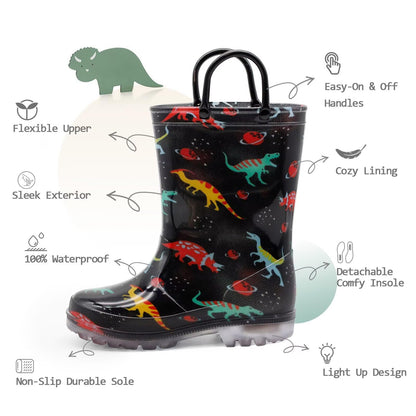 EUXTERPA Girls Boys Unisex Kids Wellies, Light Up Falshing Glitter Child Wellies With Handle for Baby Toddler Children Little Kid Size 12