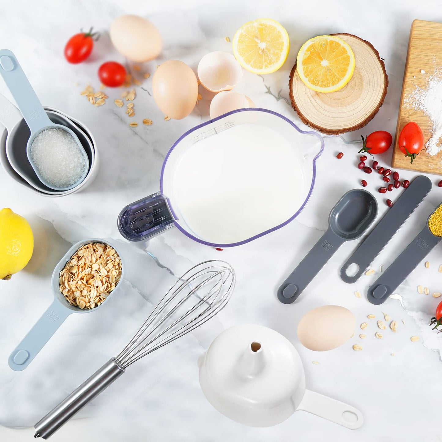 Recogwood 11 Pieces Measuring Cups and Spoons set, Includes 10 Stackable Measuring Cup with Lid and 1 Adjustable Measuring Spoon, Measuring Spoons Set for Liquid and Dry, BPA Free, Dishwasher Safe