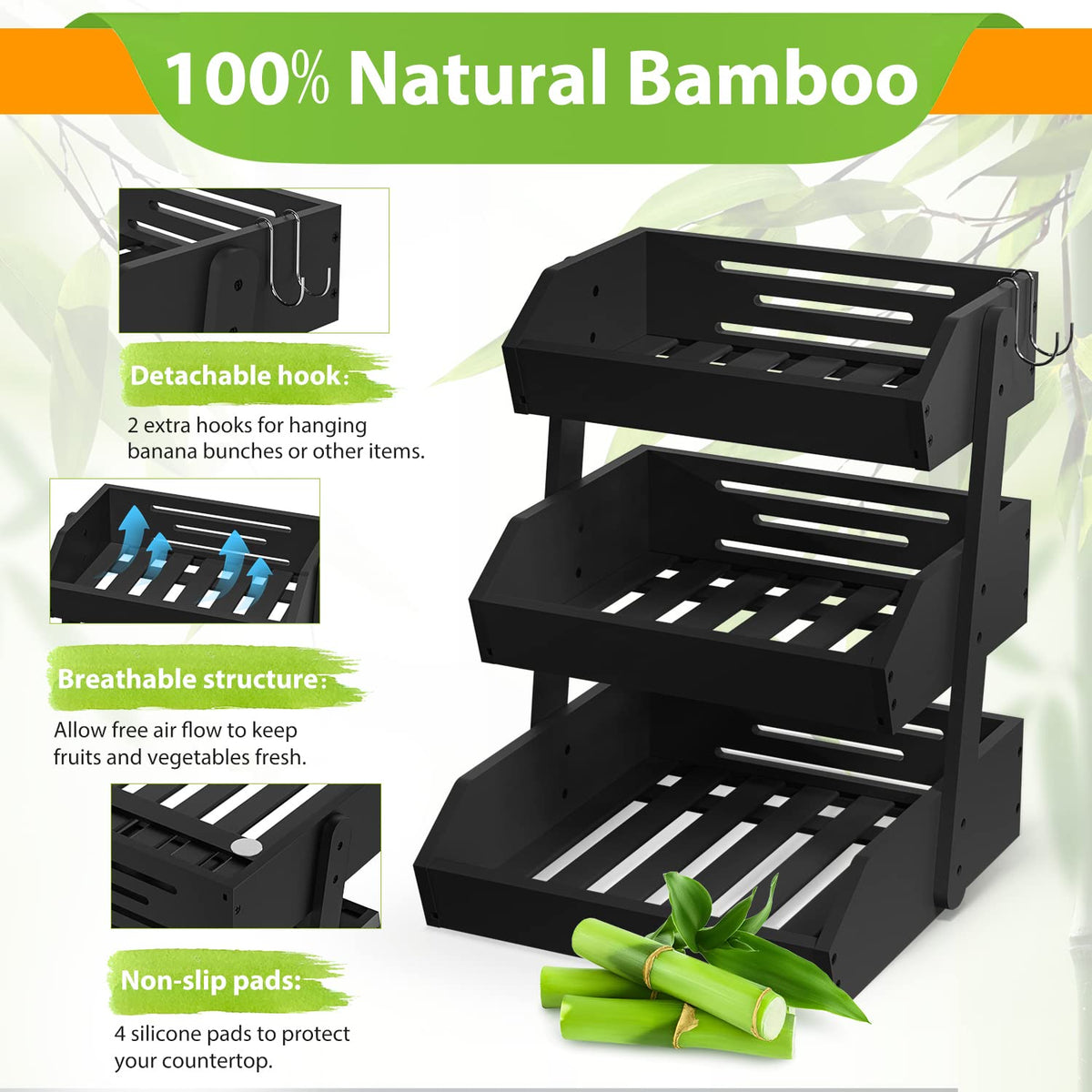 Gmtsl Bamboo Fruit Basket for Kitchen – 3 Tier Fruit Bowl For Kitchen Counter, Large Fruit Holder With 2 Banana Hangers, Idea For Fruit and Vegetable Storage, Bread Basket, Snack Organizer(BLACK)