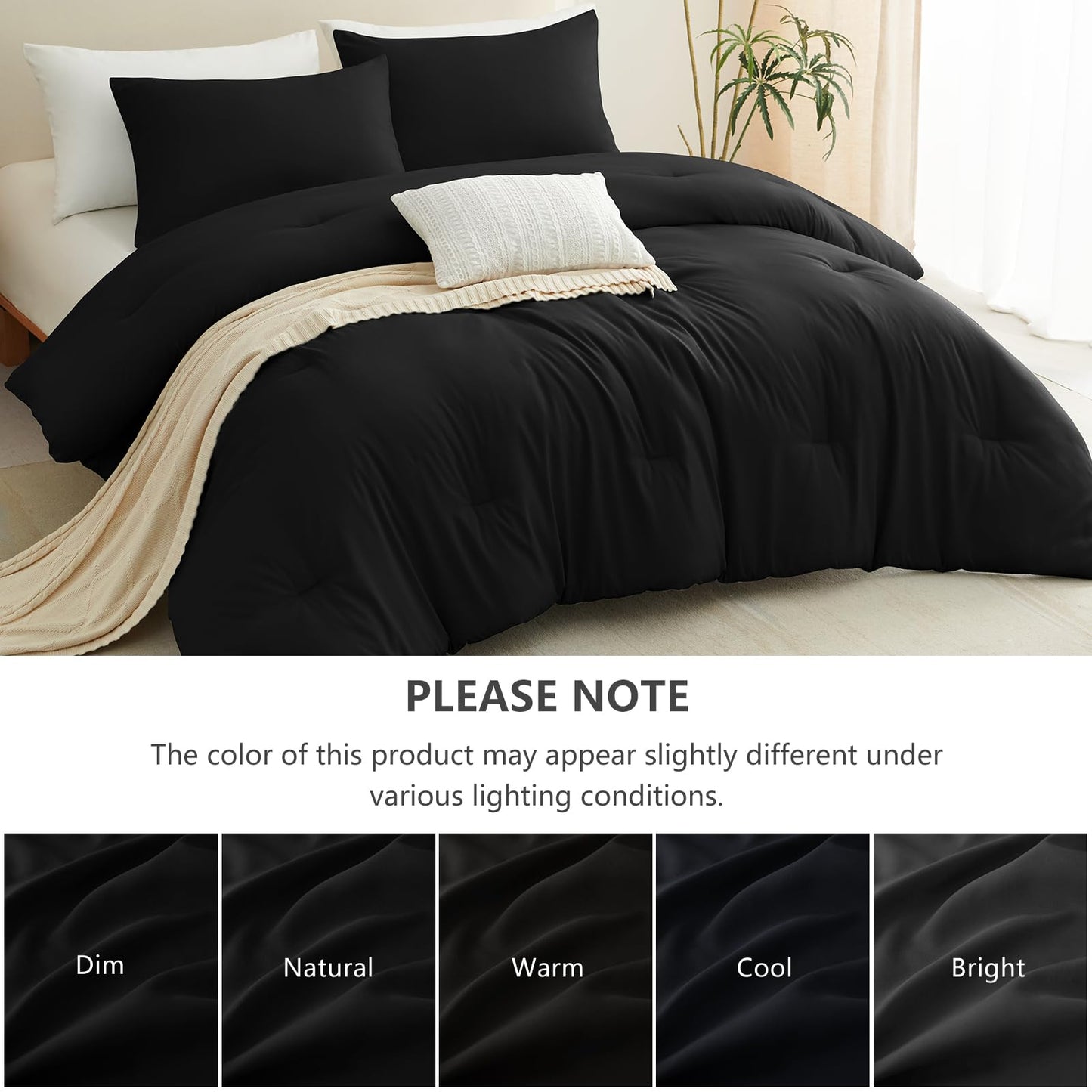 CozyLux Queen Comforter Set Black, 3 Pieces Lightweight Comforters Queen Size Quilted Bedding Sets, All Season Breathable Solid Down Alternative Comforter with 2 Pillowcases, Bed Set Gift for Home