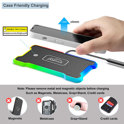 Wireless Charger Car Fast Charging pad, POLMXS Wireless Phone Charger Cell Phone RGB Light up Cordless Charging mat Compatible with iPhone 11/12/12/14/15 Galaxy S21/S22/S23/24 Airpod (C15 PAD)