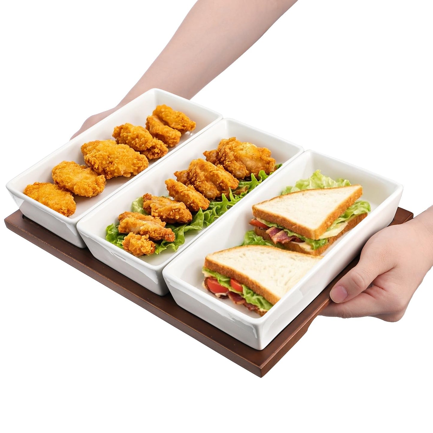 Elsjoy 3-Section Serving Tray, Wood Divided Serving Dish with Ceramic Bowls, 3-Compartment Food Platter Dipping Tray for Appetizer, Fruits, Bread