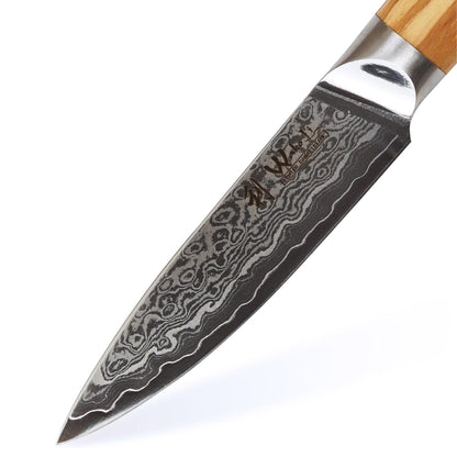 Wakoli Oribu Damascus Paring Knife – Full Tang Kitchen Knife | 3.4-Inch Blade Made of 67-Layer Damascus Steel with VG10 Core, Ergonomic Olive Wood Handle in Elegant Gift Box
