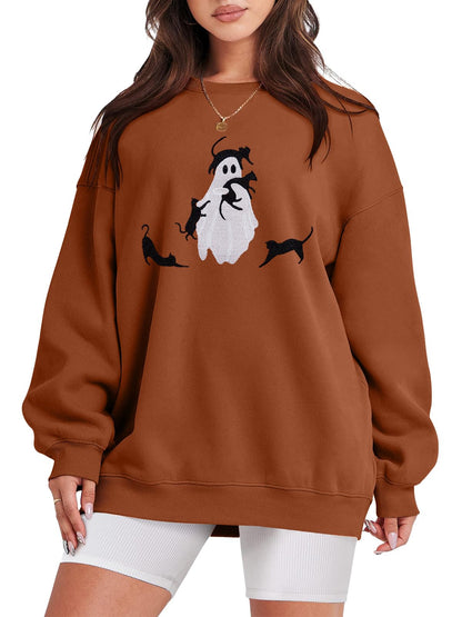 LUKYCILD Halloween Spooky Season Sweatshirt Women: Oversized Black Cat Ghost Sweatshirts Fall Embroidered Pullover Top