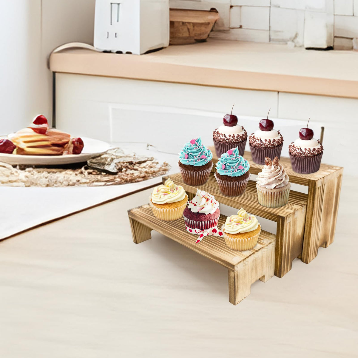 Yikaroeli 2 Set Small Display Riser Wood Risers Wooden Cupcake Display Stand,9.4"-7.8" Graduated Sizes,3Tiered 6Pcs Display Racks Dessert Food Stands