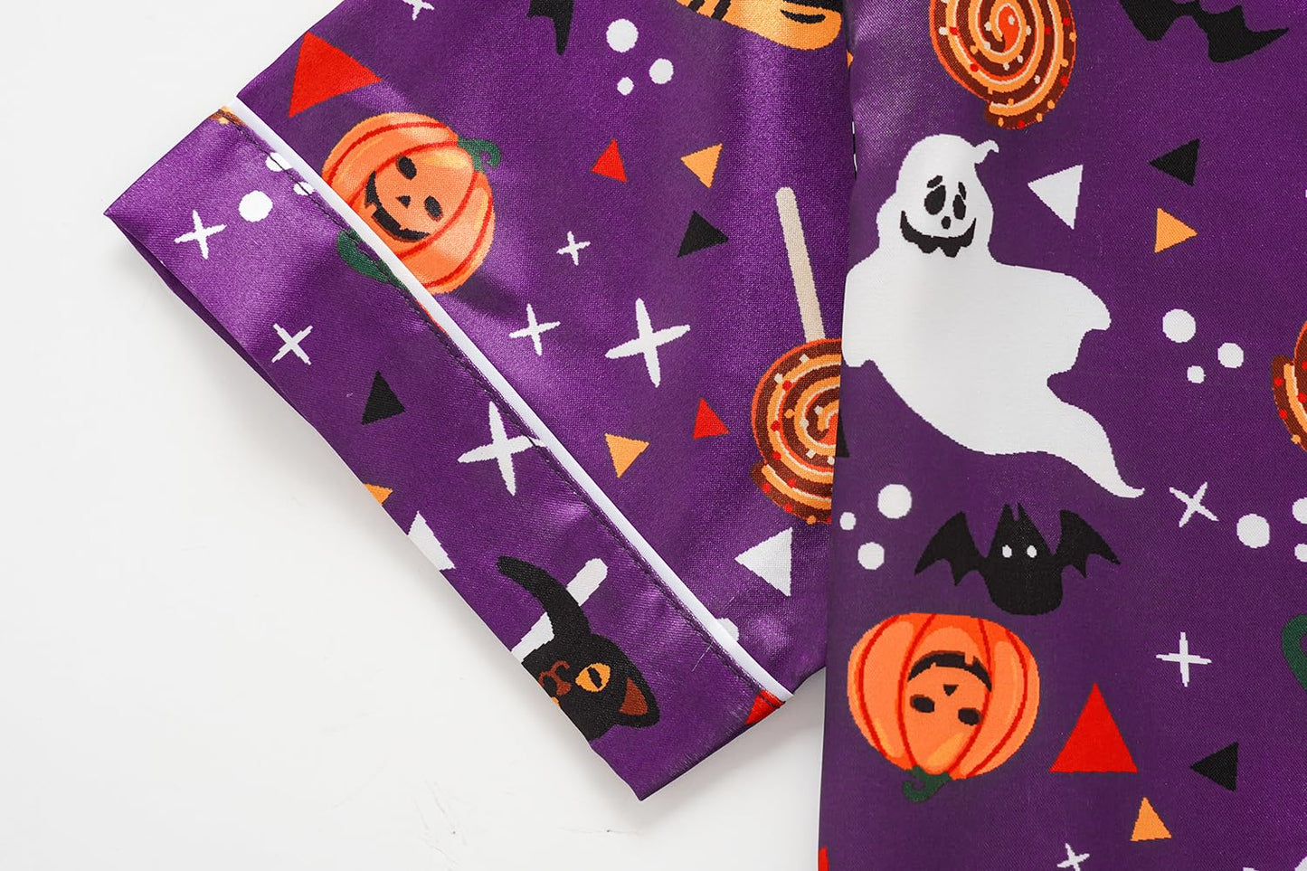 Vopmocld Unisex Kids Girls Boys 3PCS Satin Pajamas Set Button Down Short Sleeve Long Pants and Shorts Silky Nighty Lounge Sleepwear, Halloween Purple, 10