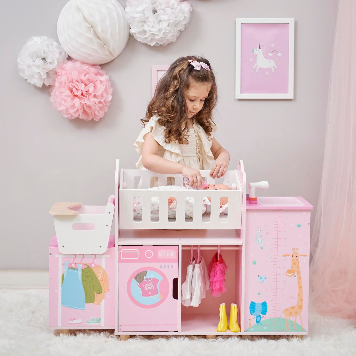 Olivia's Little World Amanda 6-in-1 Wooden Doll Nursery Station, Pink/Multi