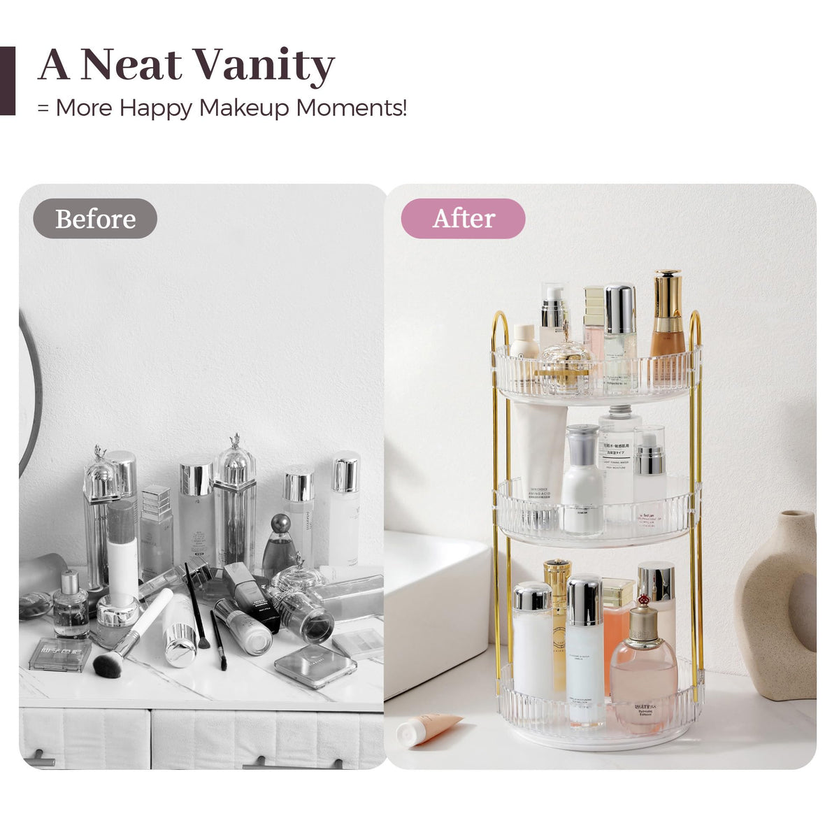 Aveniee 3-Tier 360° Rotating Makeup Organizer, Clear Spinning Perfume Cosmetic Storage for Vanity Countertop, Sturdy Metal Pole Skincare Holder Stand for Bathroom Dresser, White