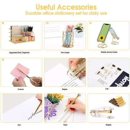 KAAKOW Gold Desk Organizers and Accessories Office Supplies Set Stapler, Pen Holder, Phone Holder, Scissors, Pen, Ruler, 30 Paper Clips, 22 Binder Clip, 20 Tacks and 1000pcs Staples (Gold)