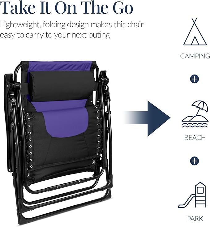 Best Choice Products Oversized Padded Zero Gravity Chair, Folding Outdoor Patio Recliner, XL Anti Gravity Lounger for Backyard w/Headrest, Cup Holder, Side Tray, Polyester Mesh - Black/Purple