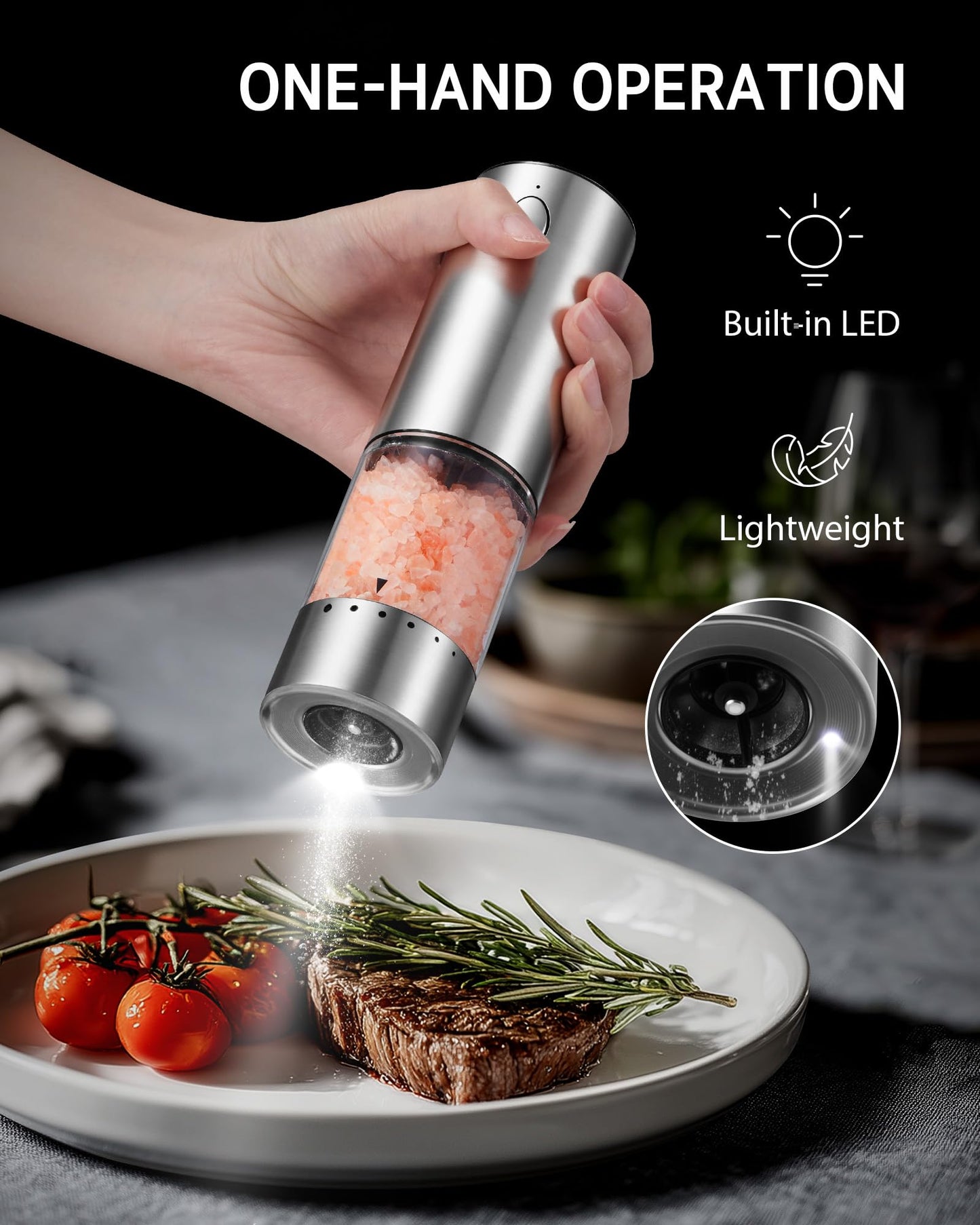 Syntus Electric Salt and Pepper Grinder Set USB-C Rechargeable, Stainless Steel Automatic Salt and Pepper Shakers with 6 Adjustable Coarseness High/Low Grinding Speed 95ML Large Capacity & LED Light