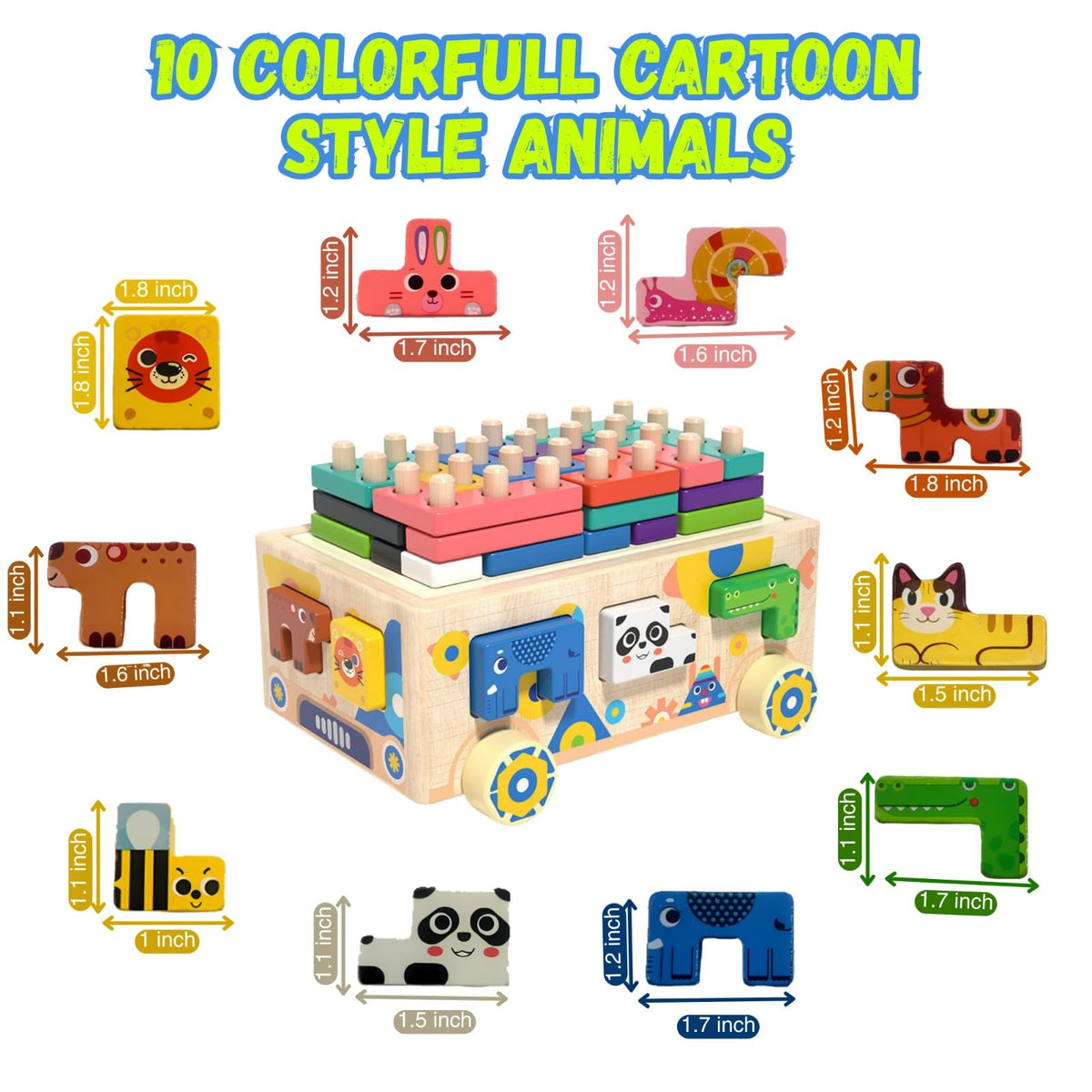 Wooden Montessori Toddler Toy Car Animal Shape Sorting & Peg Stacking Blocks Educational Learning Toy for Toddlers Ages 2-4 Fine Motor Skills Preschool Toy Wooden Shape Sorter Gift for Boys Girls
