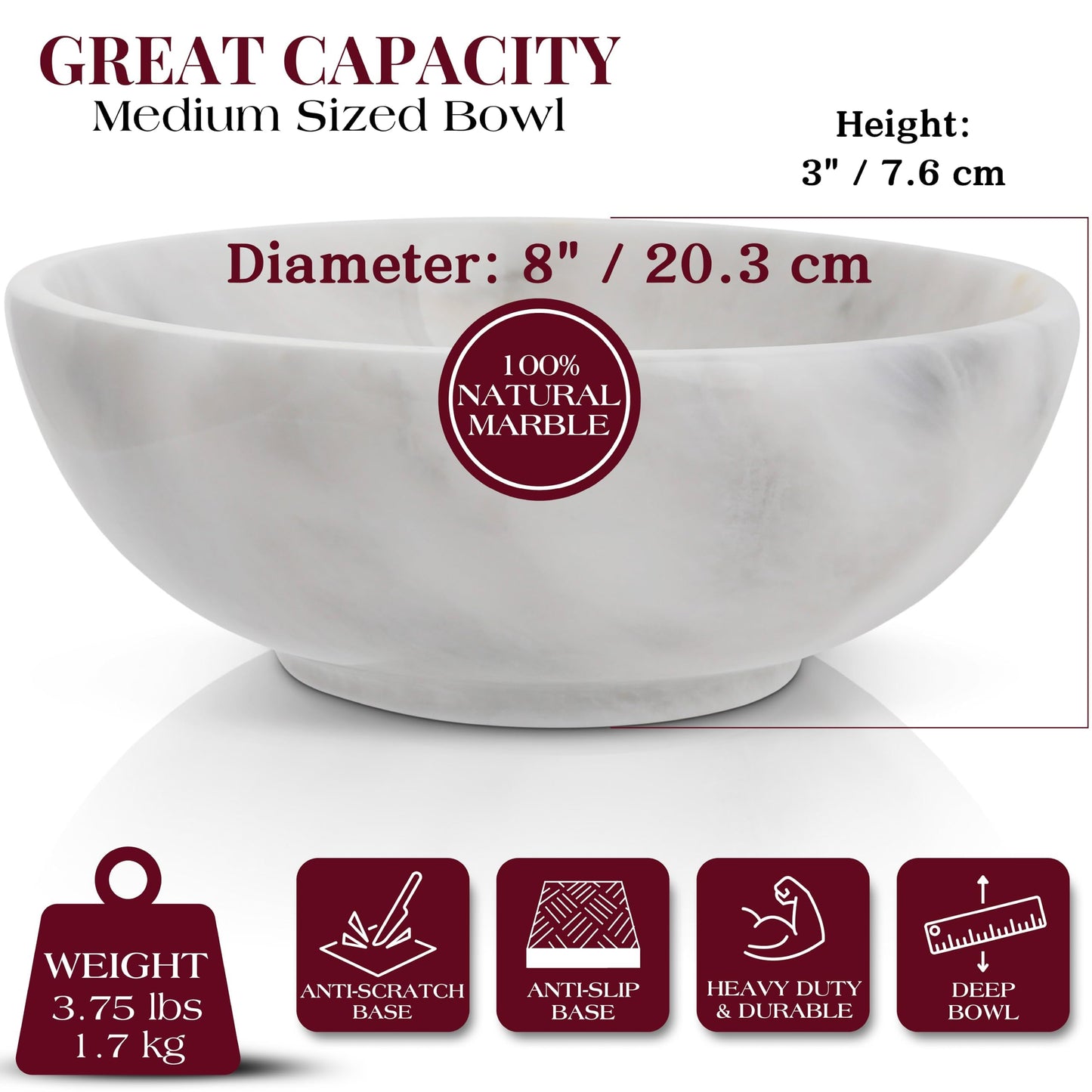 Gusto Nostro 8" Luxury White Marble Decorative Bowl for Coffee Table - Elegant Modern Fruit Bowl for Kitchen Counter - Heavy Stone Entryway Catch all for Keys, Jewelry, Potpourri Holder - Medium Size