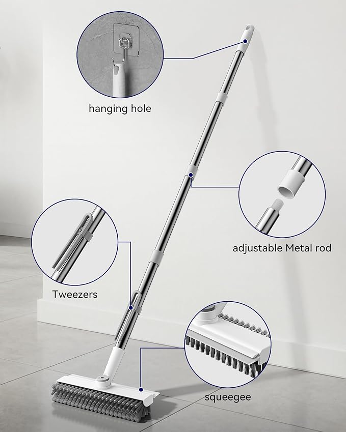 Small Floor Scrub Brush with Length Adjustable Long Handle, 3 in 1 Heavy-Duty