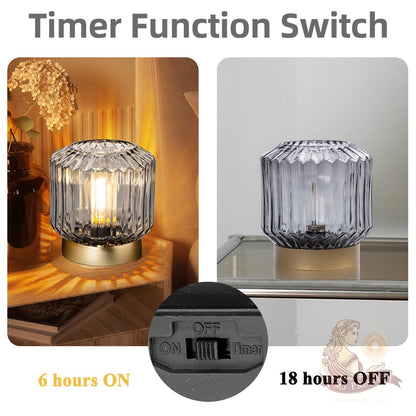 MJ PREMIER Battery Operated Lamp with Timer Cordless Lamps for Home Decor Battery Powered Nightlight with LED Bulb Decorative Glass Beside Lamp for Valentine's Gift Bathroom Bedroom Living Room Grey