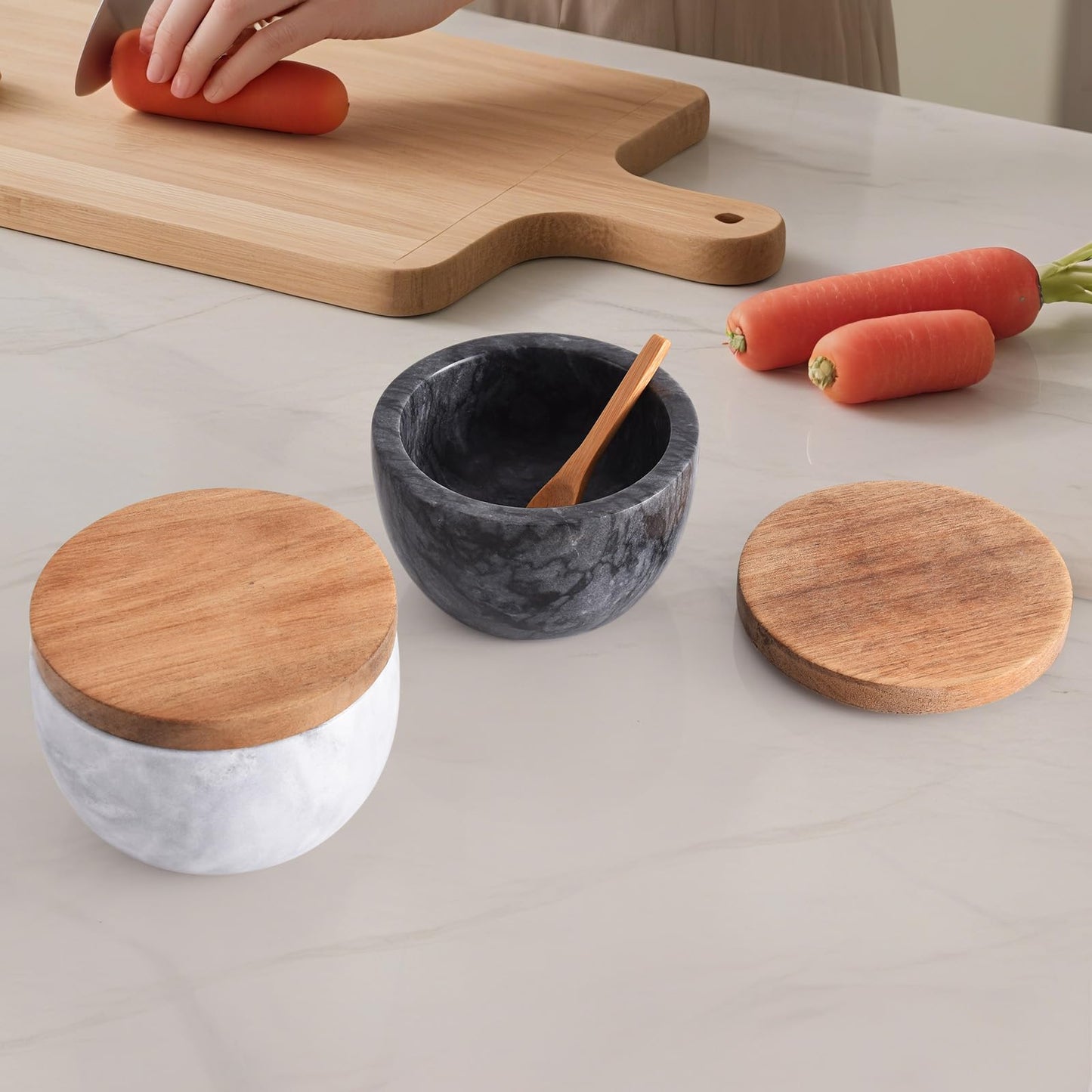 Q.XING Natural Marble Salt Cellar, 10oz Salt Dish with Lid & Spoon, Unique Seasoning Box, Stone Salt Holder, Salt Containers for Countertop, Kitchen Decor