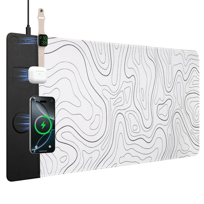 VOVIPO 3 in 1 Wireless Charging Mouse Pad, Desk Mat with Wireless Charger Multiple Devices Compitable with Watch/iPhone, White Topographic Large Desk Mat(90 x 40cm) for MacBook, PC, Laptop