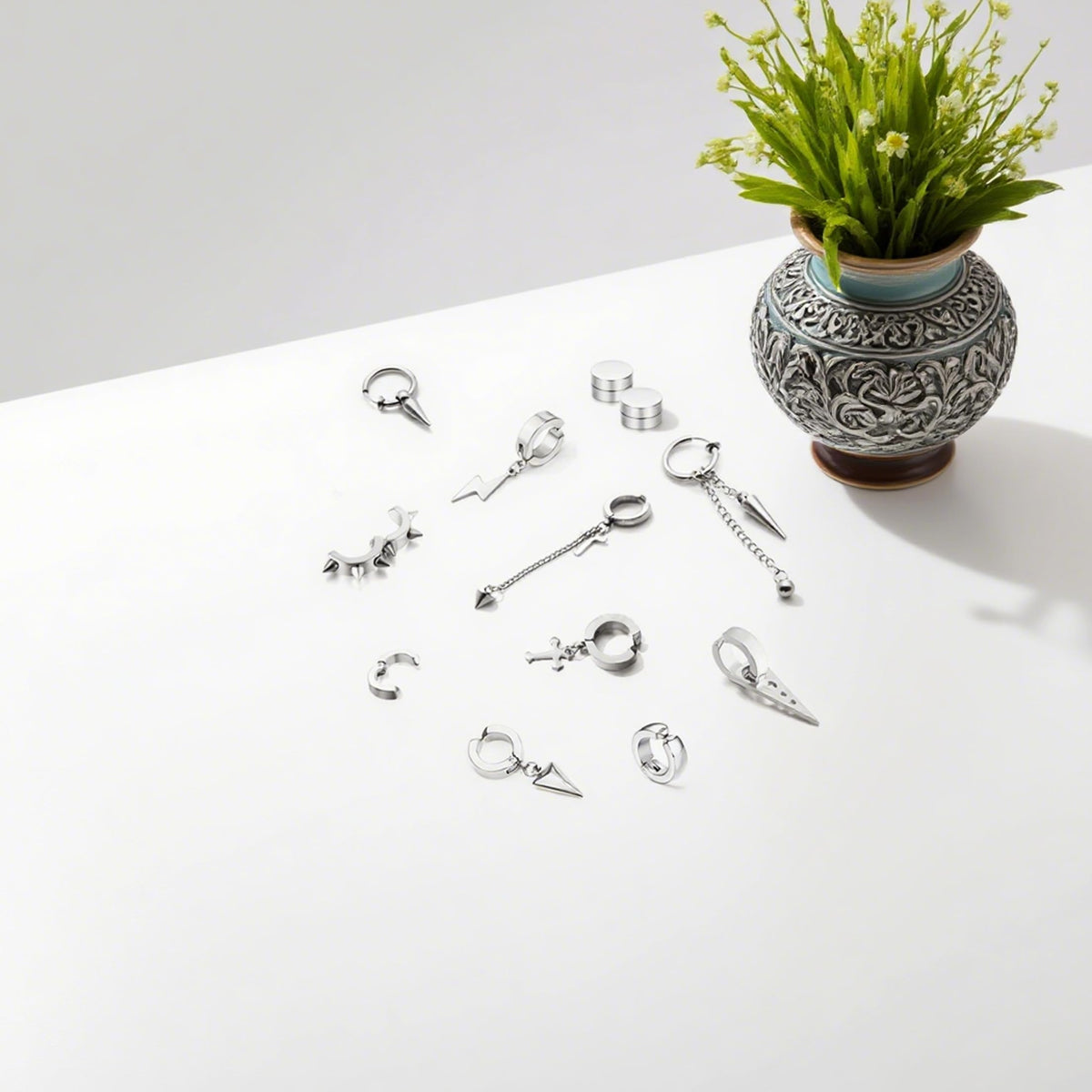 14 Pcs Silver Punk Stainless Steel Fake Piercing Spike Rivet Cross Triangle Dangle Tassel Clip on Hoop Earrings Set for Women Men, Non Pierced Fake Stud Earrings (Silver-Set A)