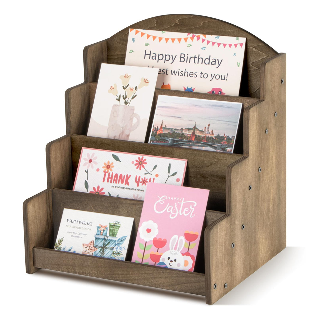 PUERSI Greeting Card Display Stand, Wooden 4-Tier Postcard Display Stand Holder for Sticker, Vendors, Retail Stores, Brown