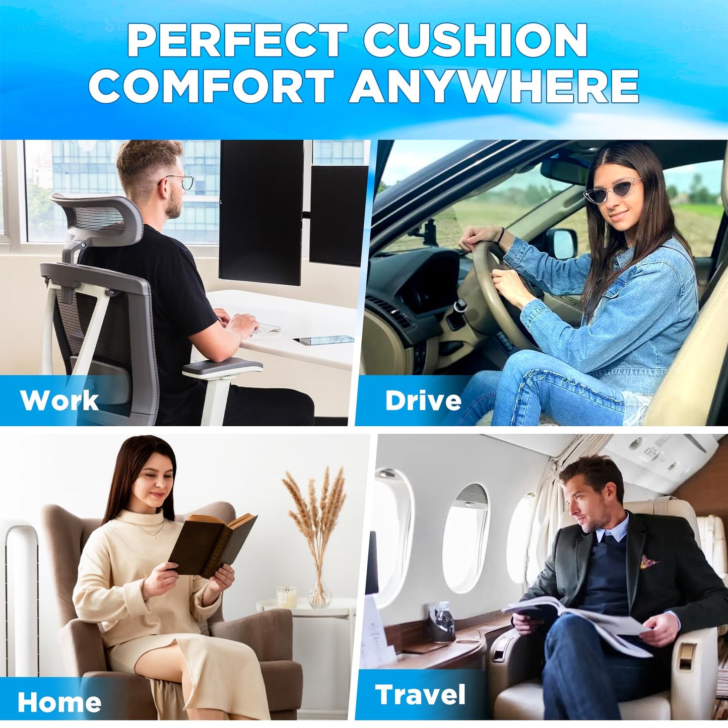 QUTOOL Car Memory Foam Seat Cushion Car Seat Cushions for Driving Wedge Booster Seat Cushion for Short People Chair Seat Cushion Pad Seat Back Support for Office Chair, Cars, and Trucks (Black)