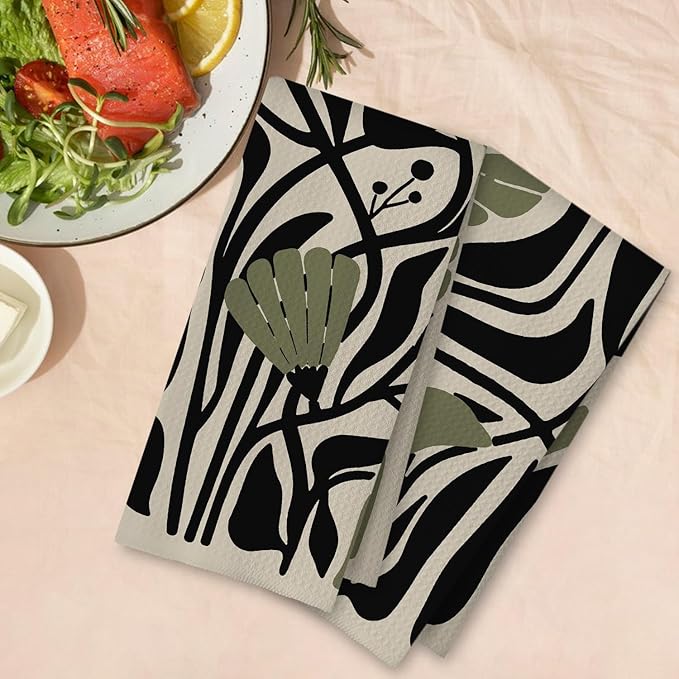 Abstract Dark sage Green and Black Boho Floral Kitchen Towels Set of 2