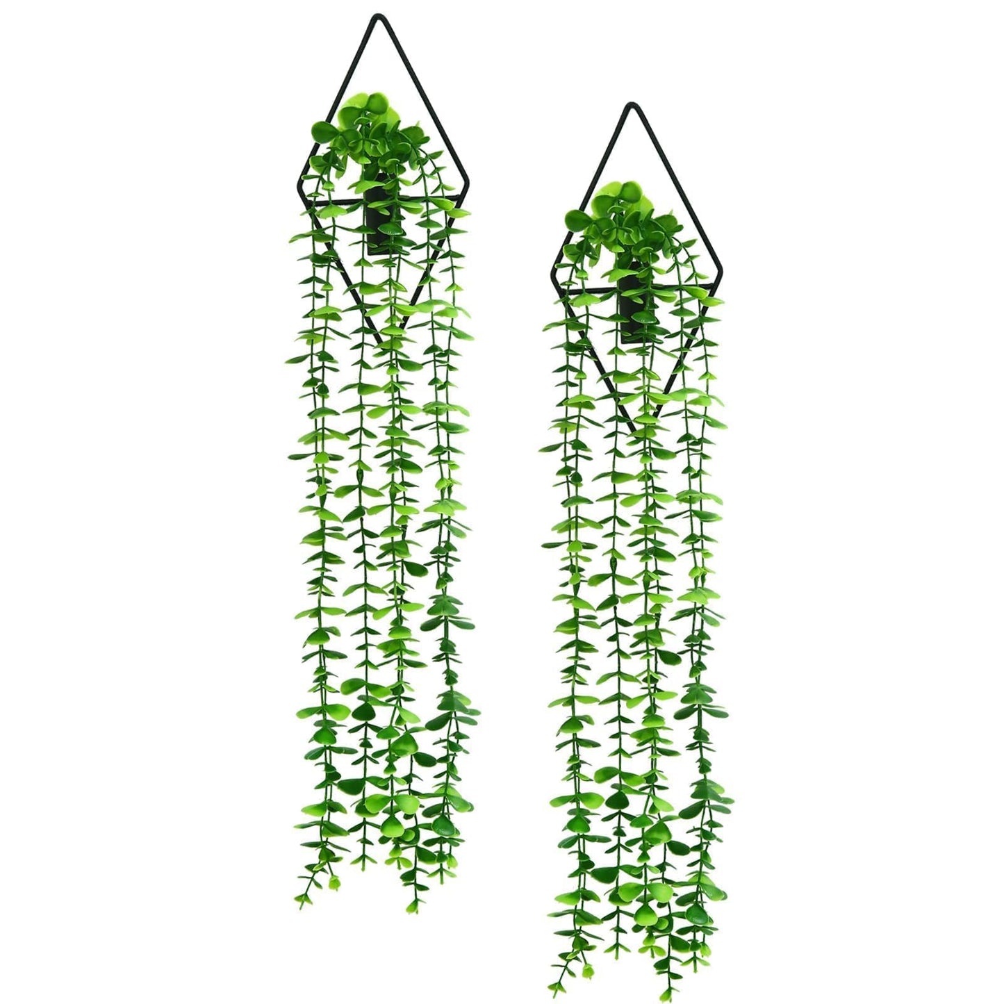 GREENTIME 2 Pack Fake Succulent Plants Hanging Artificial Ivy Vine with Black Diamond Metal Hanging Vase Faux Hanging Eucalyptus for Teacher Appreciation Living Room Bedroom Boho Kitche Wall Shelf