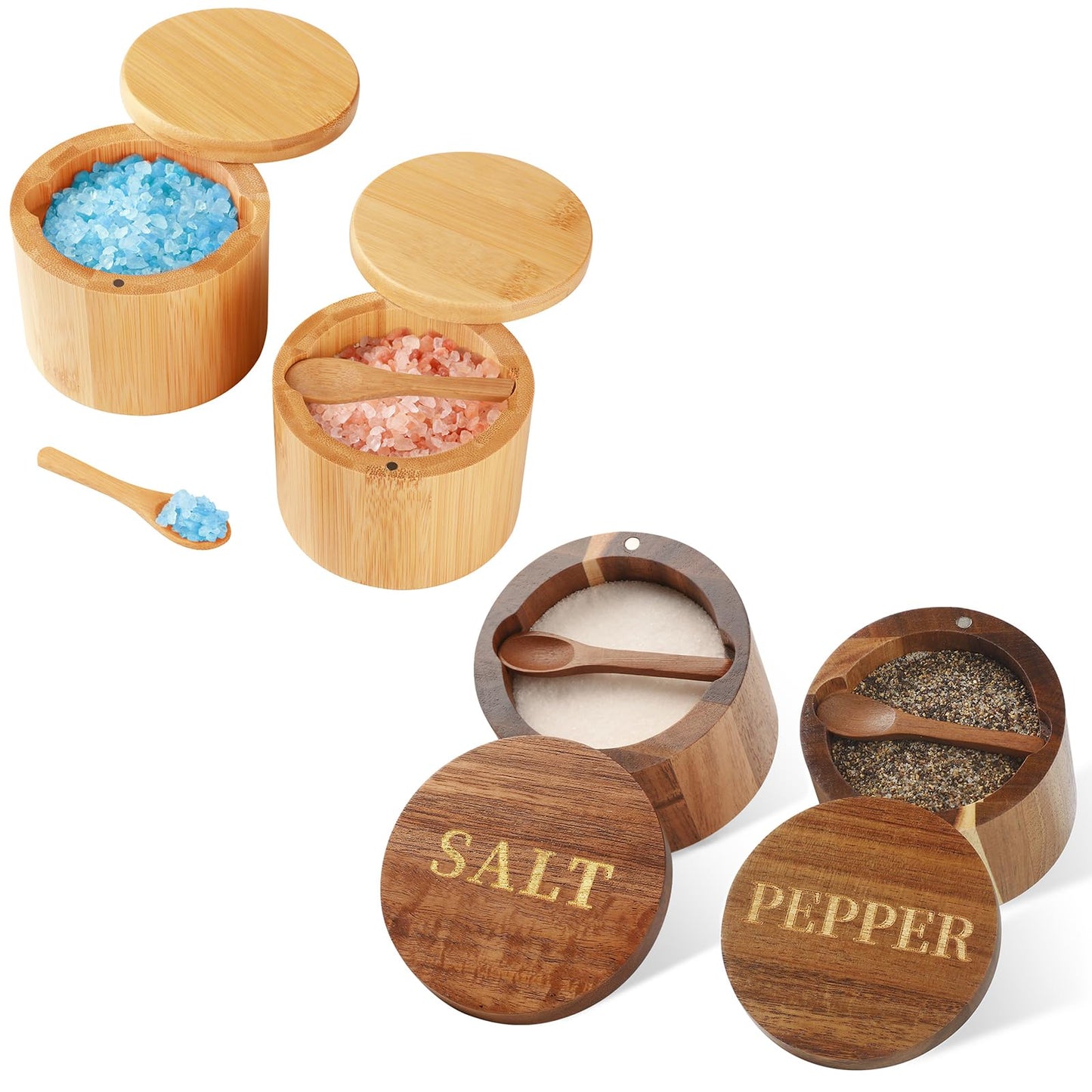 Timtopno Bamboo Salt Cellar & Acacia Wood Salt and Pepper Container Set with Built-in Spoon and Swivel Lid – Elegant Dual Salt Box Collection for Countertop Storage