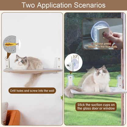 PEFUNY Cordless Folding Cat Window Perch, Cat Hammock for Window and Wall, with 4 Suction Cups, Sturdy Setal Frame for Glass Windows and Interior Walls (White Large)
