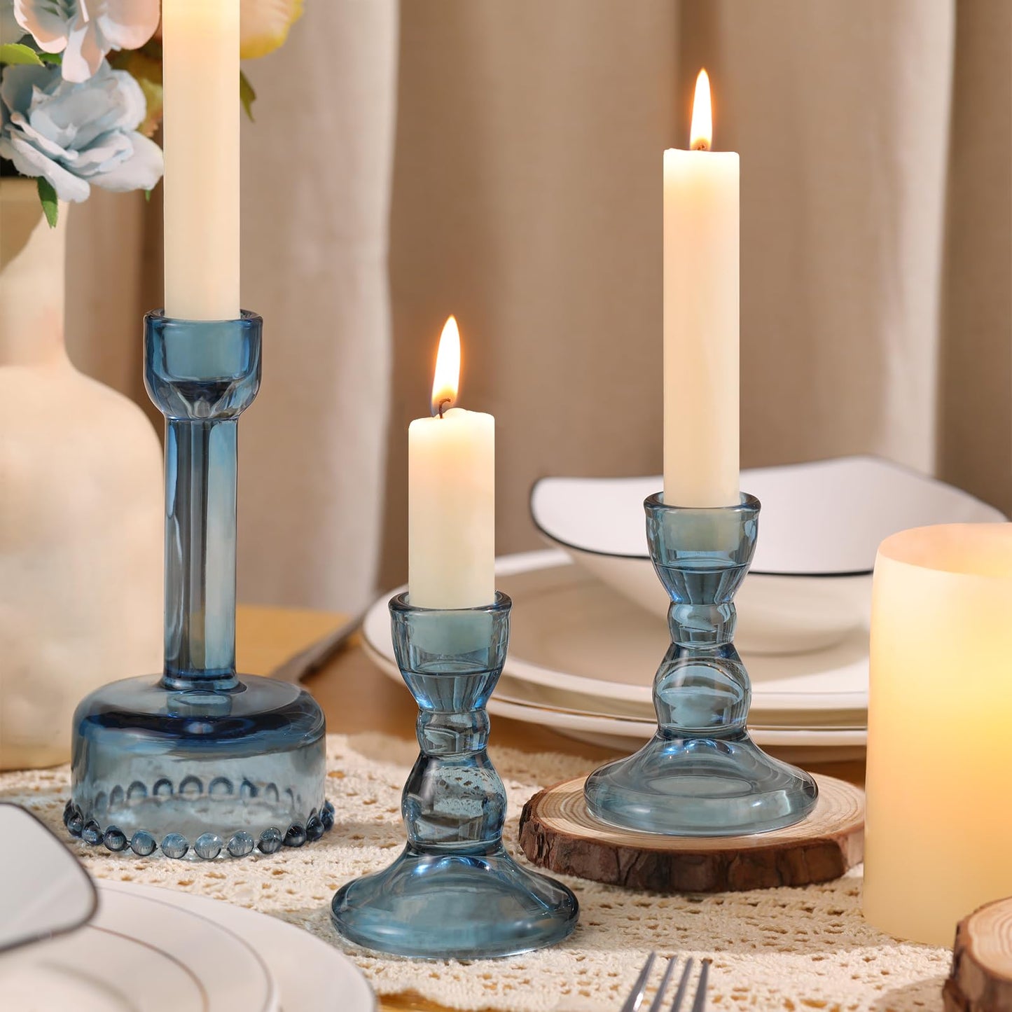 Lanttu Glass Candlestick Holders Set of 6 Blue Taper Candle Holder Bulk Crystal Candle Holders for Wedding, Table Centerpiece, Home Decoration