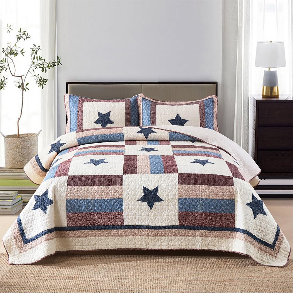 VISIMISI Cotton Bedding Quilt Sets 3 Pieces Reversible Coverlet Sets All Season Boys Real Patchwork Bedspread, MediterraneanStar Pattern,King Size