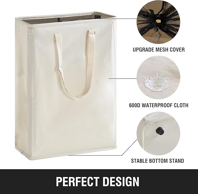 Slim Laundry Hamper with Adjustable Long Handles, 45L Small Laundry Baskets