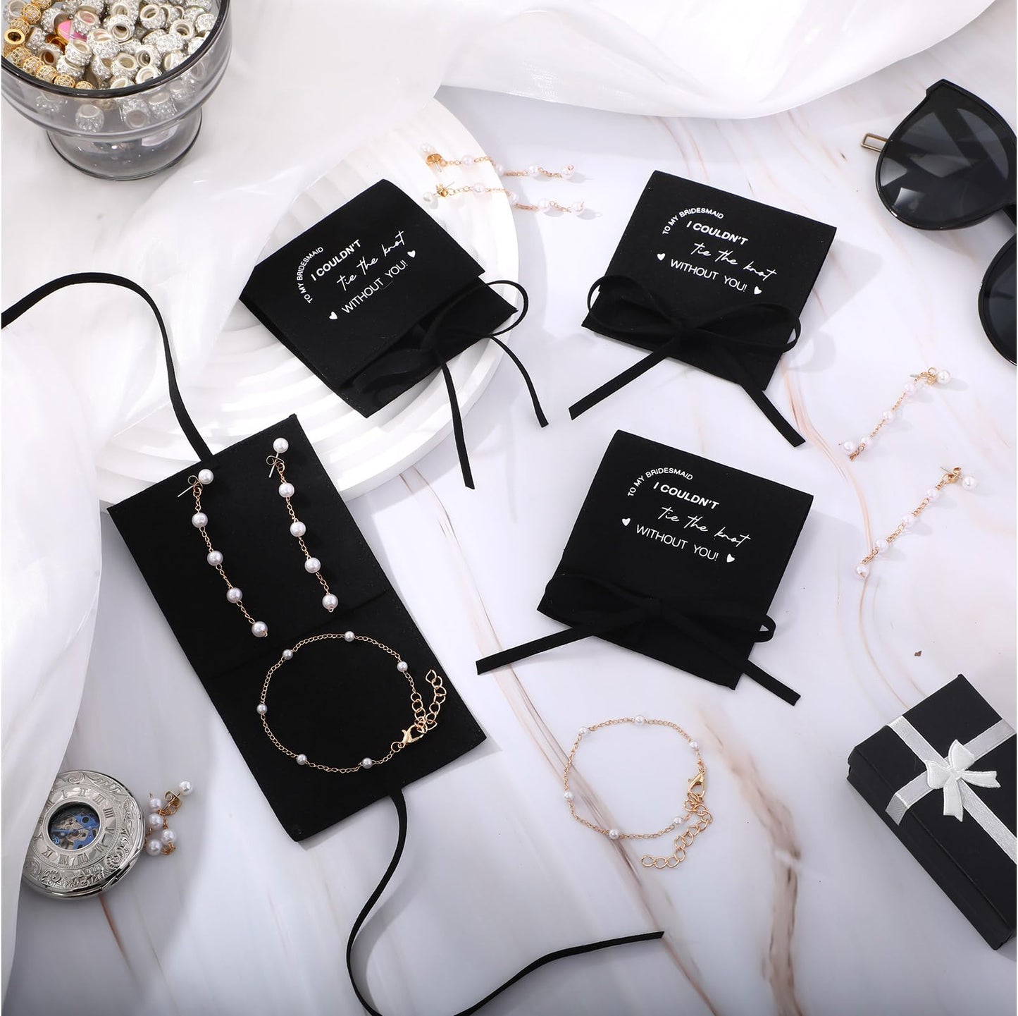 Liliaafar 24 Pcs 8 Set Jewelry Bridesmaid Gift Pearl Set Pearl Bracelet & Earrings, Jewelry Pouch with Bow Tie I Couldn't Tie The Knot Without You Wedding Bridal Shower Party Favor(Black)