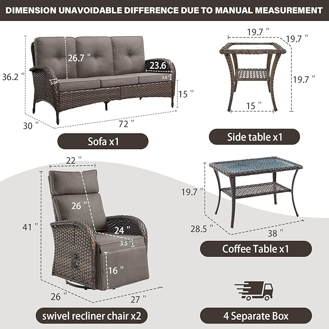 5 Piece Patio Furniture Set with Swivel Recliner Chair - Removable Outdoor Patio Couch Set, Chaise Lounge Chair Outdoor with Adjustable Backrest and Footrest and Coffee Table for Casual Gathering