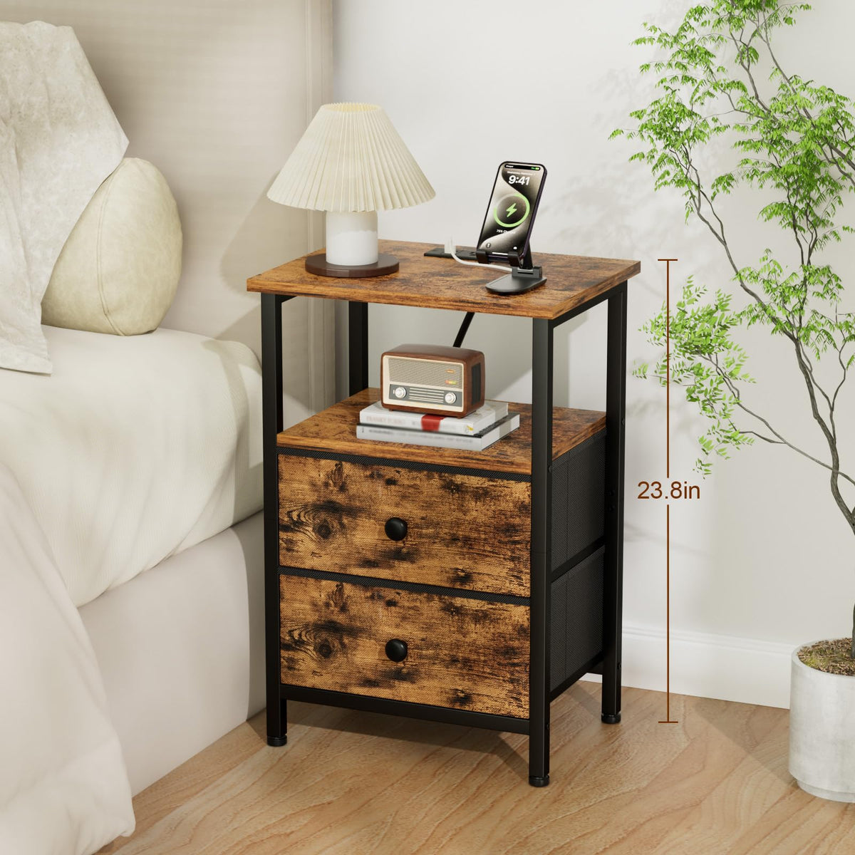 LOAKEKEL Night Stand, Nightstand with Charging Station, Slim Industrial Bedside Table with 2 Fabric Drawers, Small End Table with USB & Type-C Ports for Bedroom, Brown, HETS020BR-1