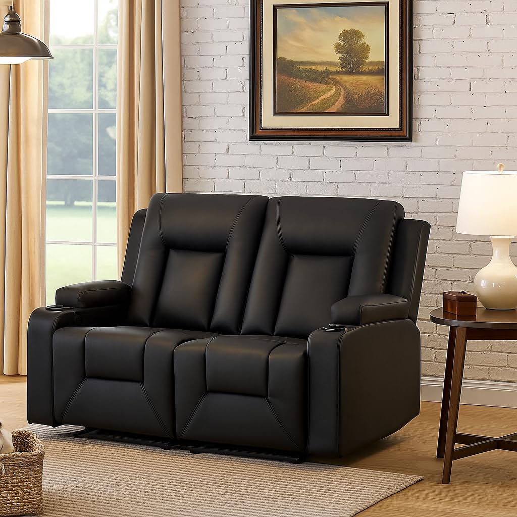 LUCKLIFE Leather Recliner Sofa Set with Manual Recliners,Living Room Furniture Set with Reclining Couch,Loveseat and Armchair,Living Room Chair with Cup Holders,Black (3+2+1)