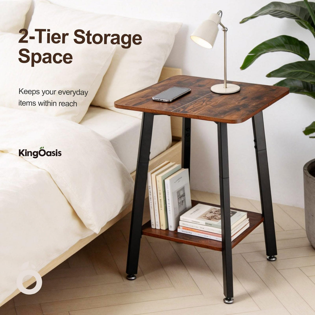 King Oasis Small Side Table for Small Spaces, 2-Tier End Table with Storage Shelf, 15.7-Inch Square Wood and Metal Nightstand for Living Room or Bedroom, Rustic Brown